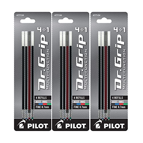 PILOT Dr. Grip 4+1 Multi-Function Ballpoint Ink Refills, Fine Point, Black/Red/Blue/Green Inks, 3 Pack