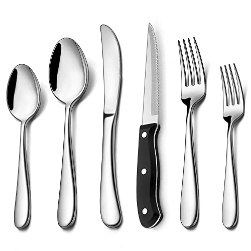 LIANYU Heavy Duty Silverware Flatware Set for 12, 72-Piece Extra Thick Silverware Set with Steak Knives, Fancy Stainless Steel Cutlery Eating Utensils, Mirror Finished, Dishwasher Safe