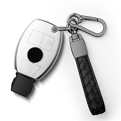 Sindeda Compatible with Mercedes Benz Key Fob Cover with Leather Keychain,Soft TPU Full Cover Protection Key Shell Case Fit for C E M S CLA CLS CLK GLC GLK G Class -White