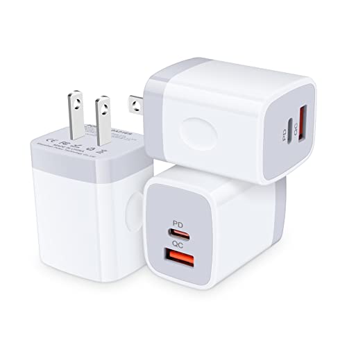 C Type Fast Charger Block, 3Pack 20W Dual Port PD + Quick Charger Plug USB C Wall Charger Power Adapter USB C Box for iPhone 14 Pro Max, Samsung Galaxy S22 S21 S20 A53 A13, Pixel 7 Pro 7 6a 6 5 4 XL