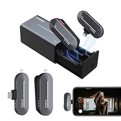 SYNCO Wireless Microphone for iPhone, P1L 2.4GHz Lapel Mic with Charging Case for iPhone Lightning iPad Smartphone YouTube TIK Tok Live Streaming Vlog, Wireless-Lavalier-Microphone-Lapel-iPhone