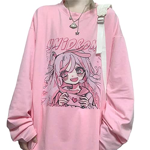 AtbeTa Kawaii Oversized T-Shirt Long Sleeve Shirt Tee Cute Pink Anime Japanese Harajuku Rabbit Cat Teen Girl Plus Size (Pink,S,US,Alpha,Adult,Female,Small,Regular,Regular)