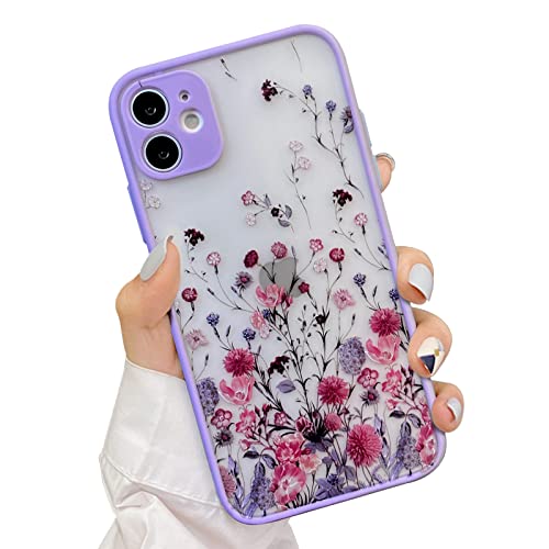 NITITOP Compatible with iPhone 11 Case Cute Hand Painted Flower Aesthetic Floral Pattern for Women Girl Clear Frosted Hard PC Back Protective Bumper Silicone Shockproof for iPhone 11 – Purple