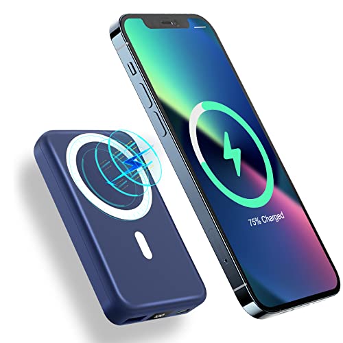 AOGUERBE Magnetic Wireless Portable Charger, 10000mAh Wireless Power Bank PD 22.5W Fast Charging with USB-C LED Display Mag-Safe Battery Pack Compatible for iPhone 14/13/12 Pro/Mini/Pro Max（Blue）