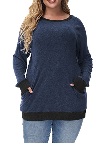 ALLEGRACE Plus Size Sweatshirts for Women No Hood Crewneck Pullover Long Sleeve Tops Fall Casual Tunic Sweatshirt Blue Body & H1 Black Sleeves 22W