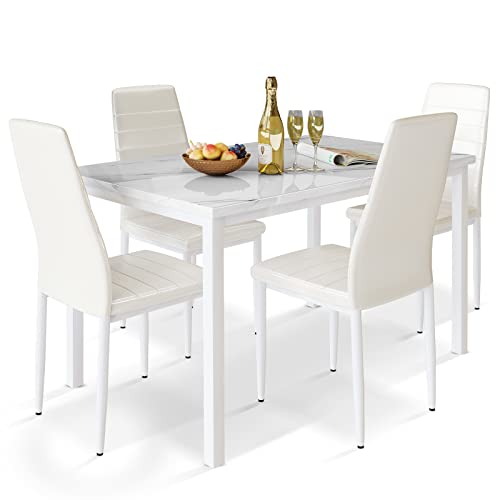 AWQM 5 Pieces Dining Table Set for 4, Kitchen Table and Chairs with Faux Marble Top Table and 4 Leather Upholstered Chairs,Dining Room Table Set for Kitchen, Breakfast Nook,Small Spaces,White+Beige