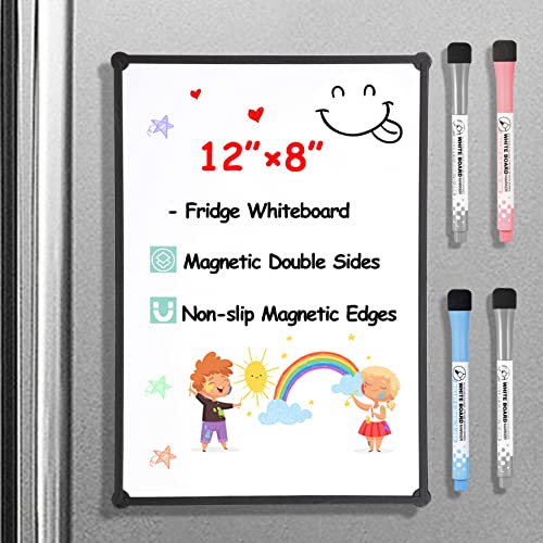 Magnetic Whiteboard for Fridge,12″× 8” Small Magnetic Dry Erase Board for Fridge Magnetic Whiteboard for Refrigerator/Office/Locker, Doublesided Whiteboard Meal Planner Magnetic Edges and 4 Markers