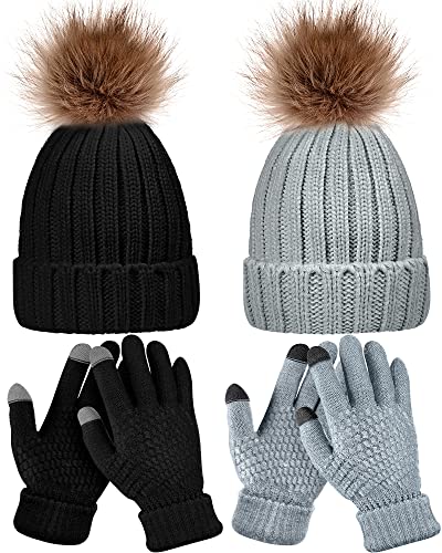 4 Pieces Winter Hat And Gloves Set Women Beanie Hat Gloves Skull Cap Touchscreen Gloves for Women Girl Lady Couple (Black and Grey)