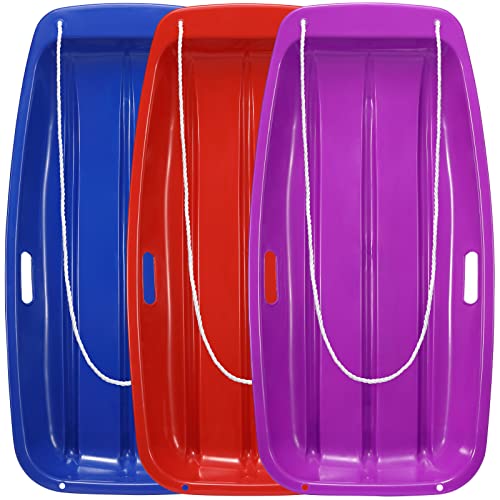 Snow Sled Toboggan for Kids and Adults with 2 Built in Handles and Pull Rope (Blue Red Purple 3-Pack)