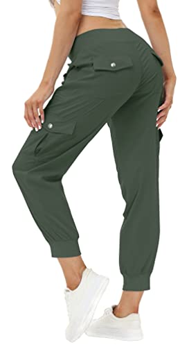 MoFiz Women’s Hiking Pants Cargo Joggers Sweatpants with Pockets Lightweight Quick Dry Outdoor Summer Casual Athletic Elastic Waist Army Green S