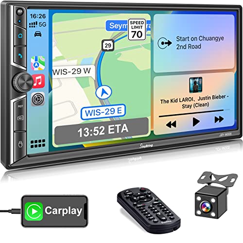 Double Din Car Stereo with Voice Control CarPlay, Bluetooth, Mirror Link, 7 Inch Full HD Capacitive Touchscreen, Backup Camera, Subw, Steering Wheel Control, USB/TF, FM/AM Car Radio Receiver