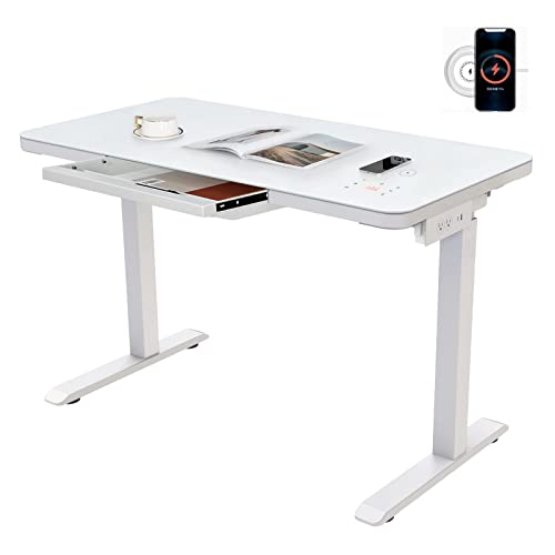 AIMEZO Standing Desk with Drawer Ergonomic Tempered Glass Electric Sit-Stand Height Adjustable Computer Workstation,with Touchscreen Controller&Wireless Charging &USB Port& Power Strip