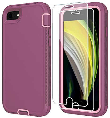 ONOLA for iPhone SE 2022 Case,iPhone SE Case 2020 with Tempered Glass Screen Protector [2 Packs] Shockproof Dustproof Case for iPhone SE 2022 3nd Gen/2020 2nd Gen (4.7-inch) (WineRed-Pink)