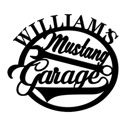 Personalized Metal Sign mustang Garage Signs Custom Name for Men Boyfriend Fathers Day Workshop Opening Housewarming Gifts Monogram Signs for Front Door Car Shop Farmhouse Studio Decor Black (12″)