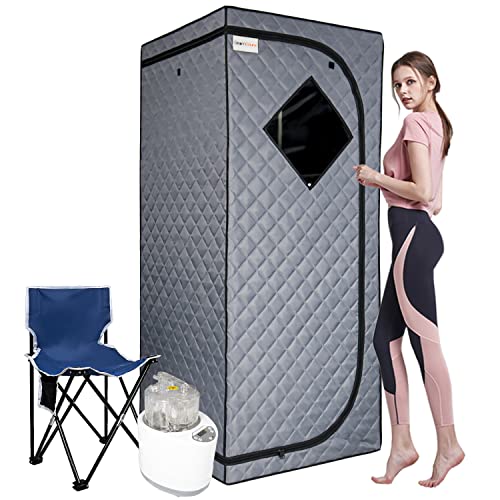LUCHEN Portable Steam Sauna Tent, 4L Full Size Folding Sauna Tent with 1500W Steamer Remote Control Folding Chair for Detox Reduce Stress Fatigue Indoor Home (Grey)…