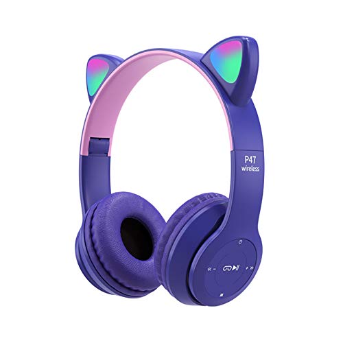 Kids Headphones, Cat Ear LED Light Up Bluetooth 5.0 Foldable Wireless Gaming Headset for Kids Adult, Comfortable Built-in Mic Noise Cancelling Over Ear Headphones(Purple)