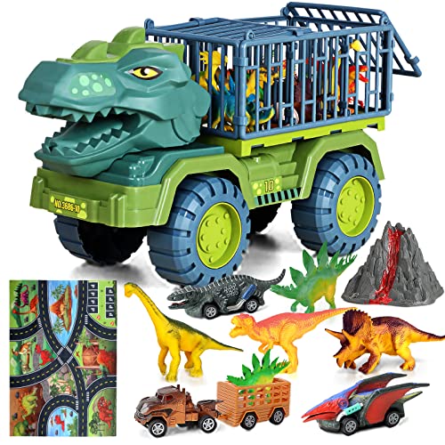 Deejoy Toy Truck? Transport Car with Dinosaur Toys?Dinosaur Pull Back car?Play mat?Dinosaur Identification Cards? Playset for Kids Boys Grils