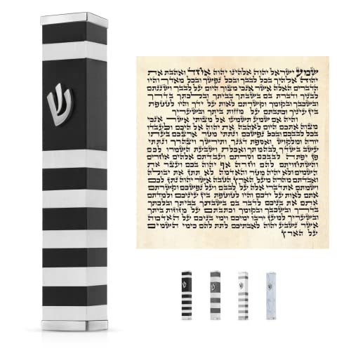 SURI Modern 4” Mezuzah Case with Scroll for Door, Adhesive mezuza Easy Self Stick for Indoor and Outdoor, Home Blessing and Protection Cover Jewish Gift for Holiday (Black & White)
