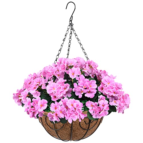 ZFProcess Artificial Flowers Hanging Basket with Begonia Silk Flowers for Outdoor/Indoor, Artificial Plants in Coco Coir Liner Basket Artificial Geranium flowers for Patio Lawn Garden Decor(Deep Pink)