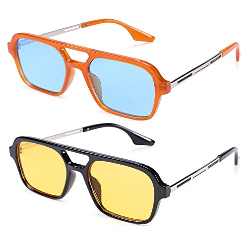 COASION Vintage 70s Flat Aviator Sunglasses for Women Men Square Metal Design UV400 Protection Shades (Orange Frame/Blue Lens + Black Frame/Yellow Lens)