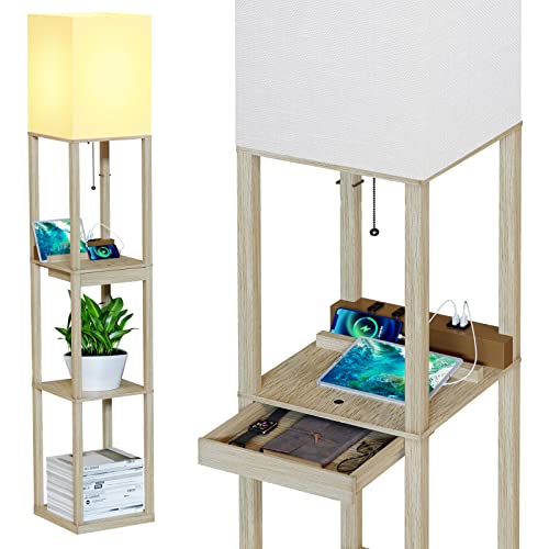 SUNMORY Floor Lamp with Shelves,Modern Dimmable Wood Standing Lamp with 1 Drawer and 2 USB Ports & 2 Power Outlet,Corner Tall Bookshelf Lamp for Living Room and Bedroom(Wood Color)