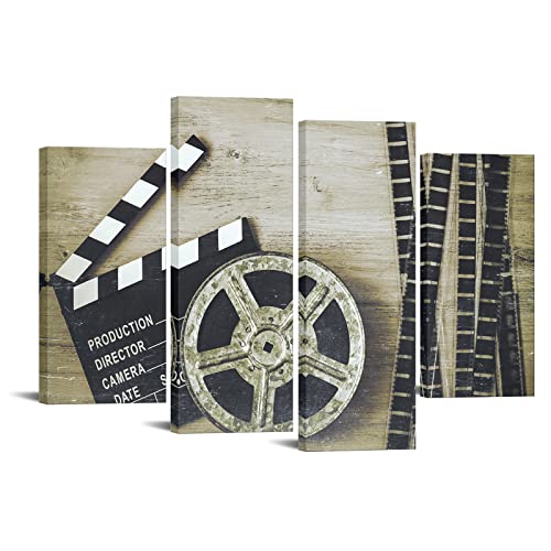 iKNOW FOTO Large 4 Piece Canvas Wall Art Classic Old Fashion Film Reels Poster Filmmaking Concept Scene Vintage Pictures for Bar Pub Home Movie Theater Media Room Decor 48x33inch