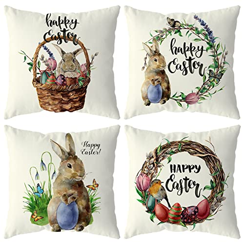 Easter Decorations Bunny Pillow Covers 18×18 Inch Set of 4 for Home Decor Indoor Outdoor,Rabbit Basket Egg Garland Farmhouse Decoration Throw Pillows Cover Spring Decorative Cushion Case Clearance