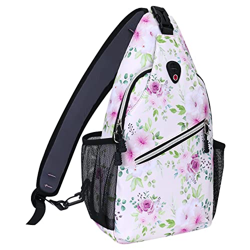 MOSISO Sling Backpack, Multipurpose Travel Hiking Daypack Rope Crossbody Shoulder Bag, Rose & Peach Flower