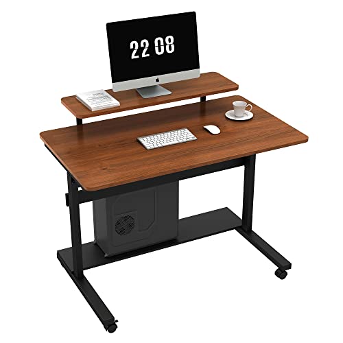 DESIGNA Height Adjustable Stand Up Computer Desk, 41” Mobile Standing Desk Store Rolling Sit Stand Work Station for Home Office with Wheels CPU Stand Monitor Shelf & Detachable Hutch,Teak