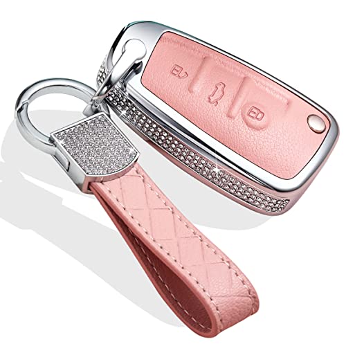 muekzru for Audi Key Fob Cover case,Key Cover Key Chain Bling Crystal Leather Key Fob Sleeve Chain Compatible for audi A1 A3 A4 A6 A8 Quattro Q2 Q3 Q7 R8 RS3 RS6 S3 S6 TT TTS(Version D, pink)