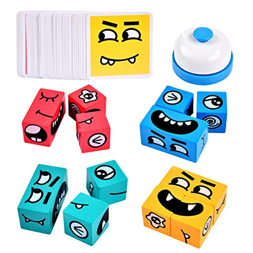Wooden Face Changing Magic Cube Building Blocks Game Matching Expression Puzzle Toy Board Games for Family Night, Match Puzzles Geometric Educational Toys for Kids and Adults