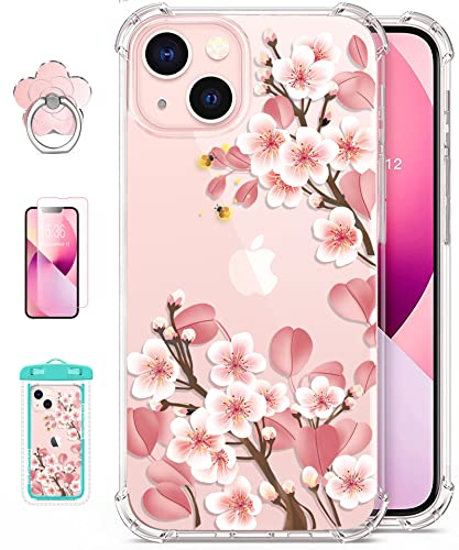 [5-in-1] RoseParrot iPhone 13 Case with Screen Protector + Ring Holder + Waterproof Pouch, Clear with Floral Pattern Design, Soft&Flexible Bumper Shockproof Protective Cover （Fireflies）
