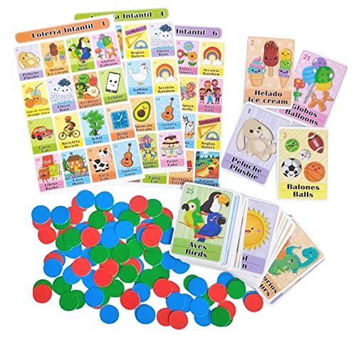 Loteria for Kids – Bilingual Bingo Game Set in English and Spanish, Mexican Loteria for 10 Players – 10 Boards and Full Deck of Cards with Chips