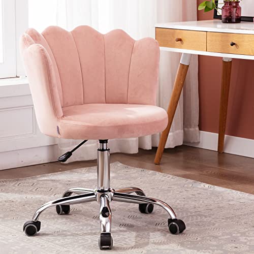 Velvet Vanity Chair Desk Chair Small Home Office Makeup Adjustable Swivel Chair Cute Chair Shell Shaped with Metal Legs for for Bedroom Makeup Living Room (Pink)