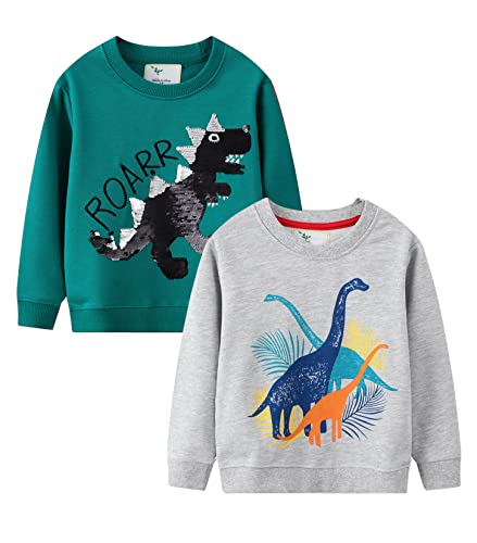 LOKTARC 2 Pack Toddler Boys Sweatshirts Patterned Long Sleeve Pullover Crewneck Tops Shirts Green Dinosaur + Grey Dinosaur 4-5 Years/Size 5T