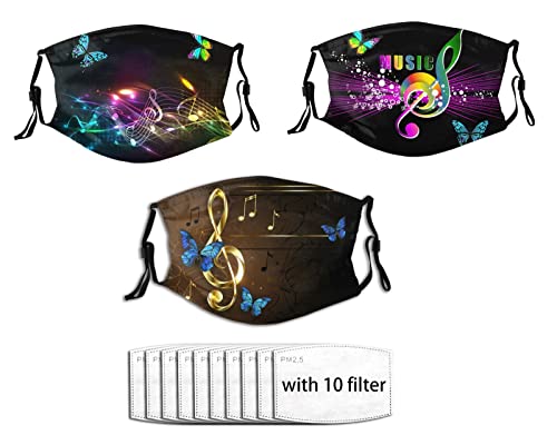 Xpace Drg 3 Pcs Music with Colorful Butterflies Face Mask Adjustable Masks Washable Bandanas Balaclava for Men & Women with 10 Filters, One Size