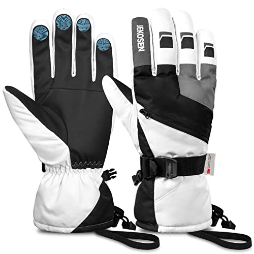 JEKOSEN Ski Gloves Mens Women Waterproof Touchscreen Snowboard Gloves Snow Cold Weather Winter Keep Warm Gloves with Anti-Lost White Large