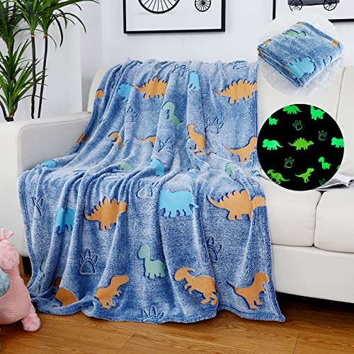 STEM MAGIC Glow in The Dark Blanket, 50 X 60 Inches Cozy Soft Flannel Fleece Dinosaur Blanket, Christmas and Birthday Gift Throw Blanket for Boys and Girls