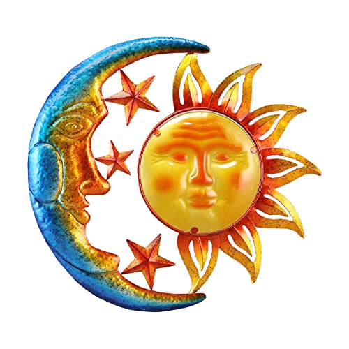 NewVees Metal Sun Outdoor Wall Art Decor Large 18 Inch with Moon & Stars, Hanging for Indoor Outdoor Patio Garden Fence Deck Yard Pool Wall Sculpture Decoration for Living Room Bedroom Colorful