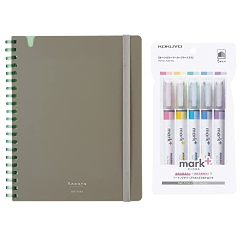 Kokuyo. Kokuyo Soft Ring Notebook in Sooofa in B6 4mm Grid 80 Sheets Warm Gray and Mark⁺ Two Colors Highlighter of Similar Shades 5-Pack (Pink,Blue,Green,Purple and Yellow) Set