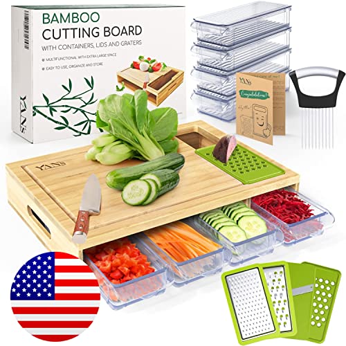 Yans Bamboo Cutting Board with Containers for Easy Meal Prep – Full Chopping Board Set with Extra Large Storage – Durable Wood Cutting Board Organizer incl Juice Groove to Keep Your Kitchen Tidy – Set