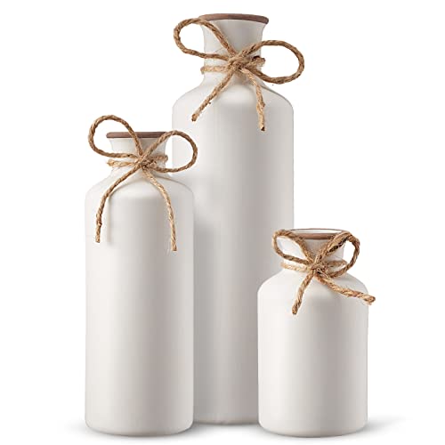 3Pcs Ceramic Vases, Rustic Decorative Flower Vases Set for Modern Farmhouse Decoration, Living Room Centerpieces and Events, Table, Bookshelf, Mantel and Entryway Decor (White)