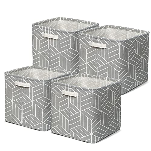 4 Pcs 22L Storage Basket Foldable Cube Fabric Bins Square Shelf Box Collapsible Receive Organizer Rectangle Canvas with Handles for Shelves Bathroom Nursery Home Office Kids Toys 11x11x11 inch Grey