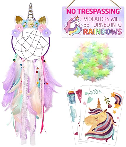 fun-plus Girls Room Decor, Unicorn Gifts for Girls, Wall Dream Catcher with Glowing Stars Decal, Bedroom Decorations Room, Kids Decor Set Ii
