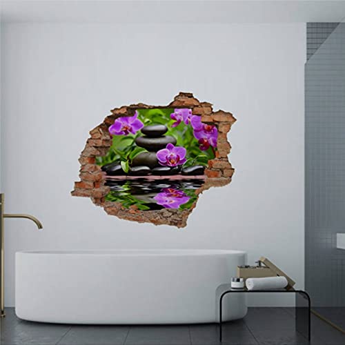 Purple Orchid in Garden 3D Hole in Wall Wall Sticker Decal Vinyl 3D Vinyl Peel And Stick Removable Home Flower Wall Stickers Mural Smashed Wall Art Removable Poster Vinyl decals For Bedroom,32” pn430
