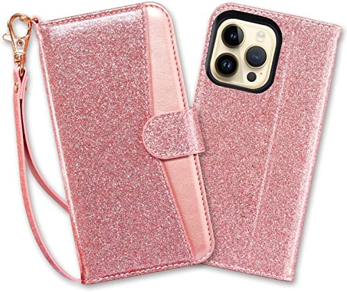 Coolwee Compatible iPhone 13 Pro Max Wallet Case Flip Folio Cover with Card Slots Kickstand Design Wrist Strap Girls Women Glitter PU Leather Compatible with Apple iPhone 13 Pro Max Rose Gold Pink