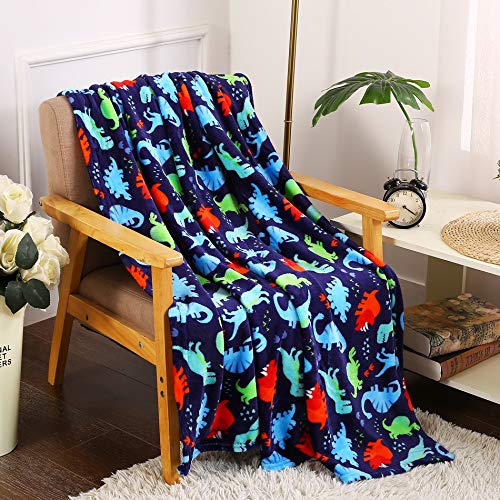 Cute Dinosaur Throw Blanket for Kids Blue Dino Blanket Soft Navy Fleece Blanket for Boys Girls Sofa Couch Bed 100% Polyester
