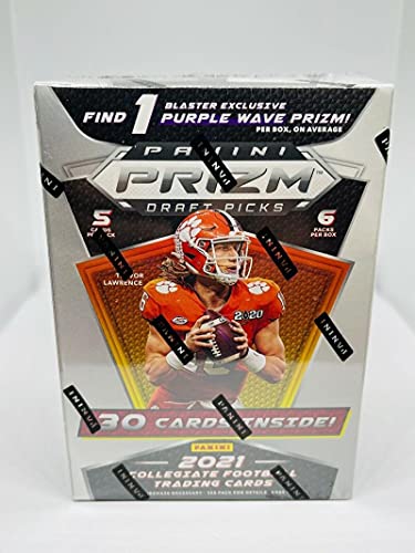 2021 Panini Prizm Draft Picks Collegiate Football Factory Sealed Blaster Box 30 Cards, includes 1 Purple Wave On Average. Chase Rookie Cards of Trevor Lawrence (1st Overall Pick to Jacksonville), Zach Wilson (2nd to New York Jets), Trey Lance (3rd to San