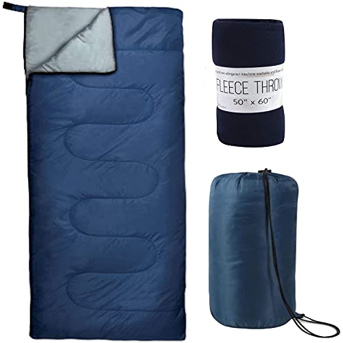 Navy Blue Sleeping Bag and Blanket Set, All Weather Sleeping Bag with Hypoallergenic 50×60 Fleece Blanket Throw
