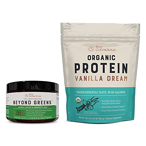 Live Conscious Beyond Greens Concentrated Superfood Powder & Organic Pea Protein Powder – Vanilla Dream Flavor | Immune System Boost & Gut Health + Metabolism & Muscle Support
